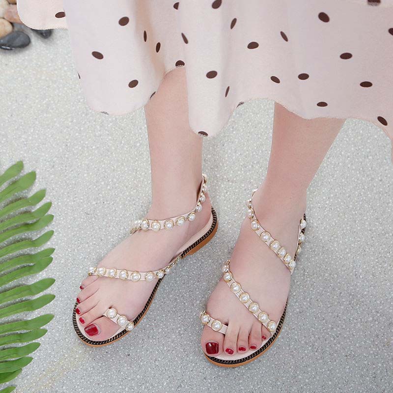 Pearl Sandals Female Summer Fairy Style Student Flat All-match Flip-flop Roman Sandals