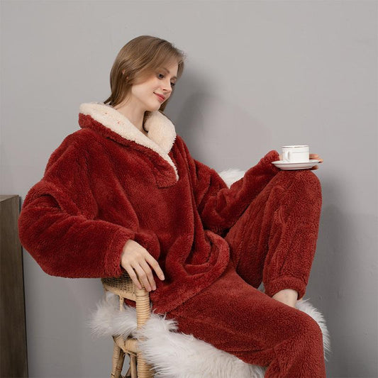 Coral Fleece Pajamas Set Women Autumn Winter Flannel Sleepwear Suit Thickening Couples Homewear Pullover Hooded Long Sleeve Velvet Warm Pyjamas