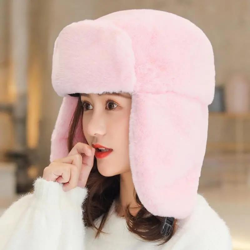 Women's Hat Winter Korean Version Plus Velvet Cold Proof Hat Winter Cycling Ear Protection Thick Windproof Warm Cute Hat Solid Long Ear Cap Fedoras