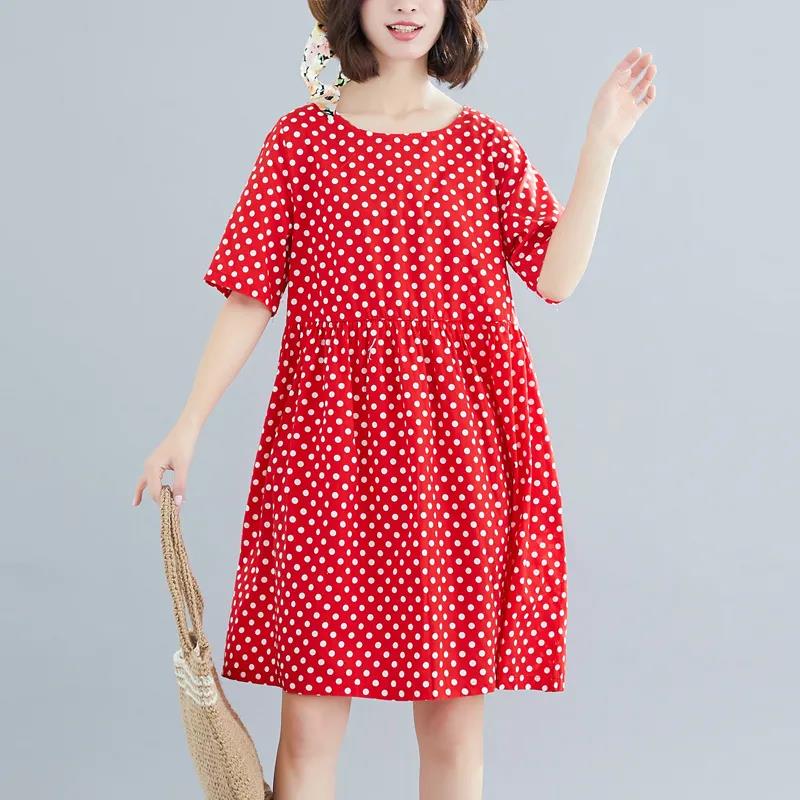 Summer Women's Polka Dot Short-sleeved Loose Mid-length Skirt Large Size Dress Loose Casual Covering Belly Thin Fabric Light and Breathable