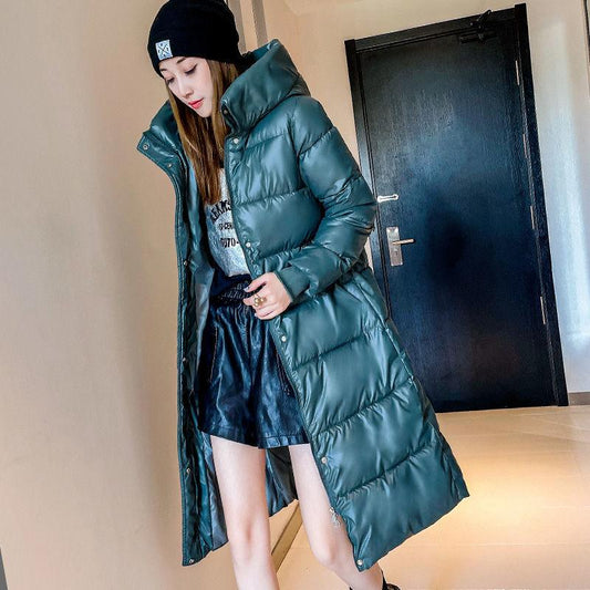 Winter Down Padded Jacket Women's Mid-length Over-the-knee Winter Padded Coat Bright Face Loose Padded Jacket Trend