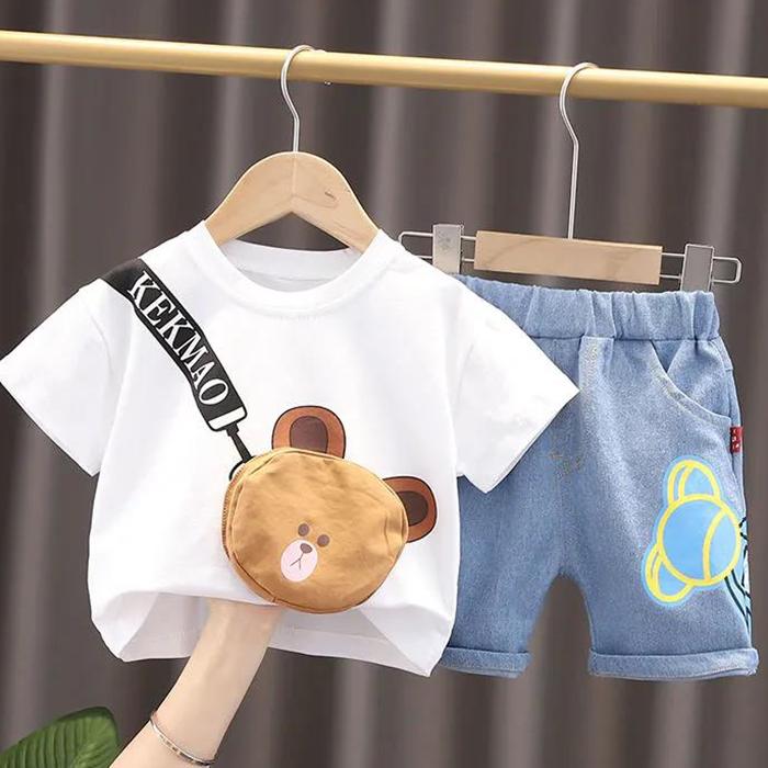 Children's Summer Boys Girls Short Sleeve Suit Casual Printed Bear Three-dimensional Pocket T-shirt Denim Shorts Two Piece Set