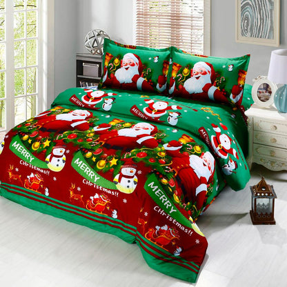 4pcs Cotton Material Printed Cartoon Merry Christmas Gift Santa Claus Deep Pocket Bedding Set