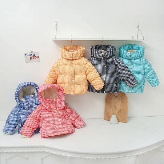 Children's Down Cotton-padded Jacket Winter Boys and Girls Plaid Cotton-padded Jacket Short Plush Jacket Hooded Cotton Jacket