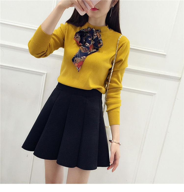 Autumn and Winter Knitted Long-sleeved Sweater Pullover Solid Color Round Neck Blouse Bow Tie Fashion Women's Bottoming Shirt