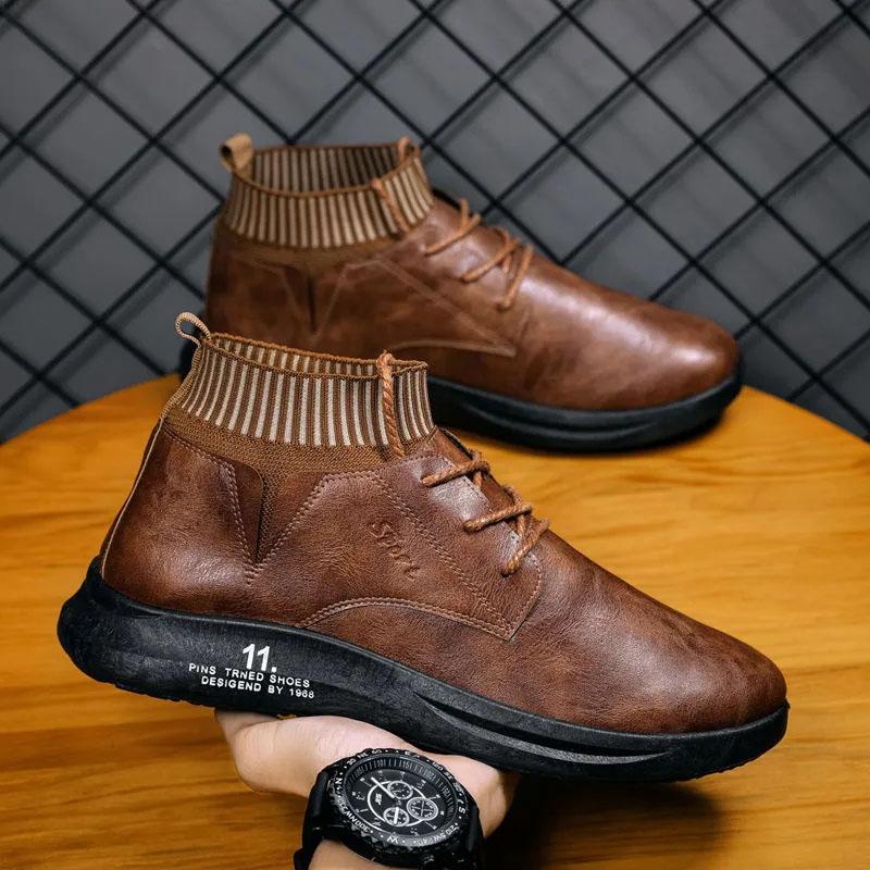 Spring and Autumn Men's Leather Shoes Socks Mouth Leather Shoes Casual Business Shoes Sports Leather Shoes Wear Resistant Waterproof