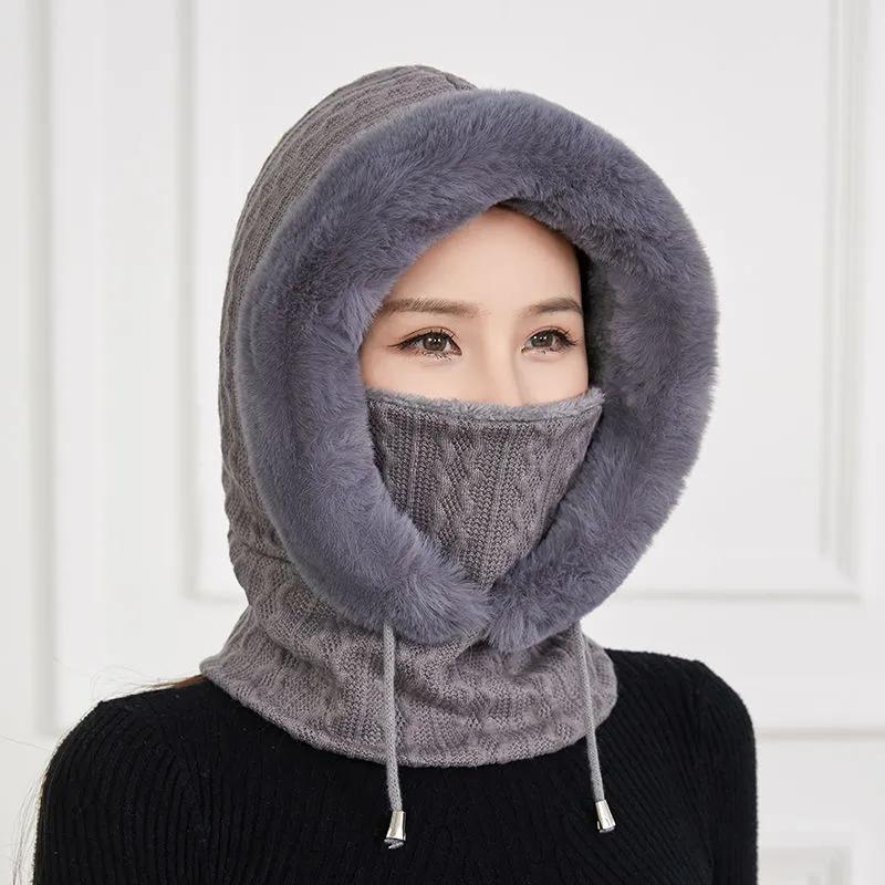 Women's Hat Plus Velvet Thick Warm Windproof Hood Ear Neck Protection Knitted Hat Woolen Cap Winter One-piece Cap Scarf Set