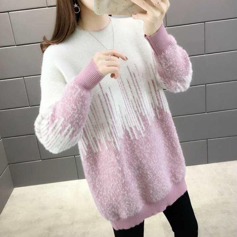 Women's Mohair Sweaters Thick Pullover Knitwear Gradient Color Round Neck Fuzzy Sweater