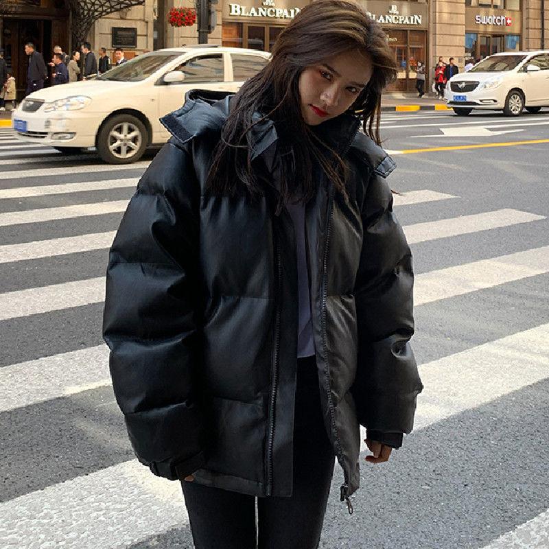 Cotton Clothes Women's Winter Korean Version of Loose Oversize Hooded Thick Short PU Leather Coat Jacket