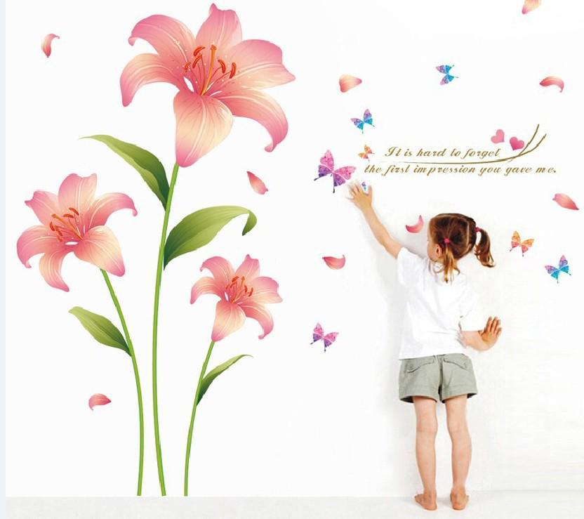 Pink lily romantic warm wall sticker living room sofa background decorative painting cute wallpaper