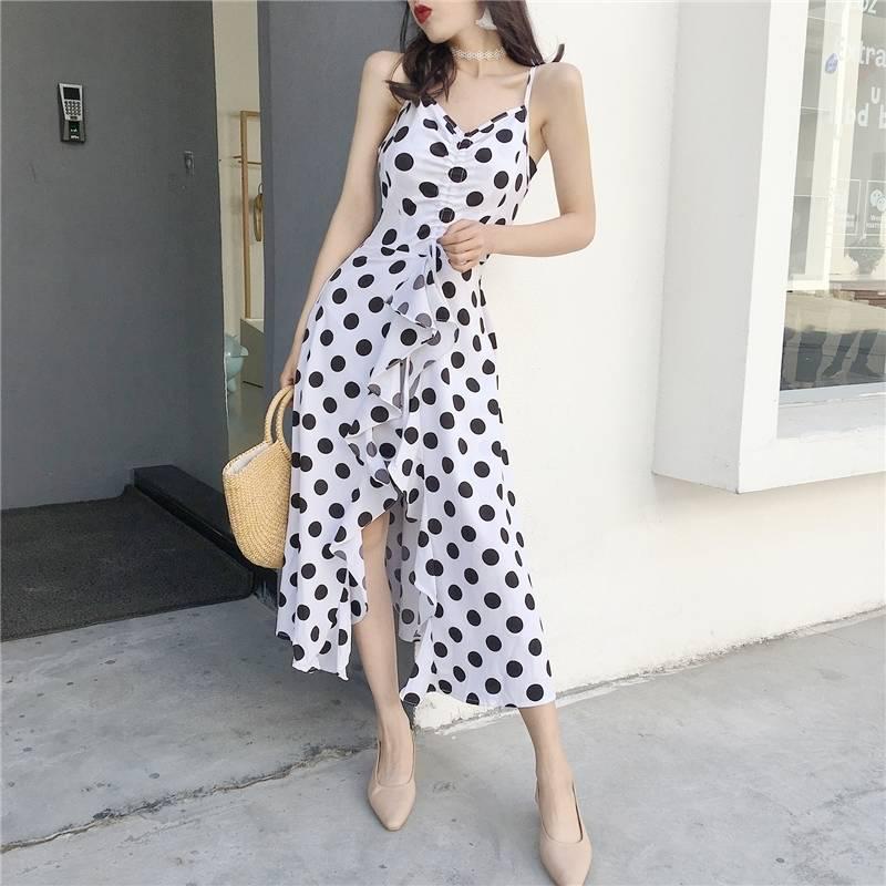 Polka Dot Ruffle Split Midi Dress Women V Neck Pleated Dress Female Elegant Party Club Sexy Dress