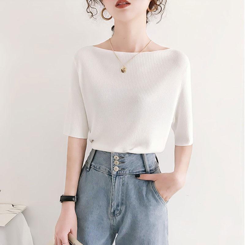 Women's Ice Silk Short-sleeved Summer One-word Collar Five point sleeve T-shirt Loose Middle-sleeved Korean Version All-match Bottoming Shirt Top