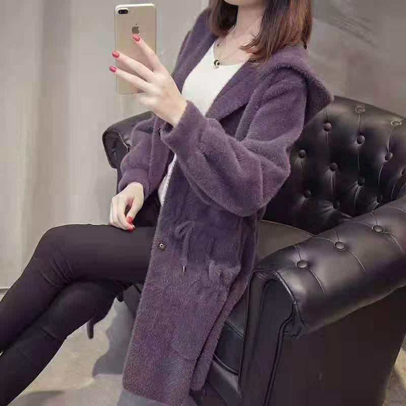 Autumn and Winter Knitted Cardigan Coat Korean Style Hooded Loose Sweater Mid-length Popular Coat Women