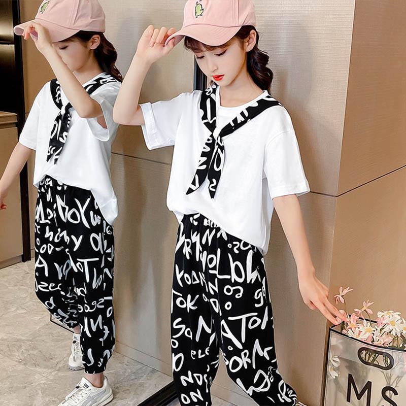 Girls Summer Suits Children's Short-sleeved Nine-point Trousers Anti-mosquito Pants Thin Comfortable and Loose Two-piece Set