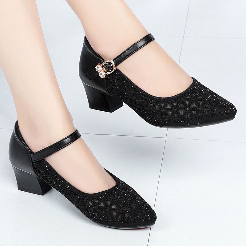 Women's High-heeled Sandals Mesh Sandals Hole Shoes Hollow Breathable Single Shoes Soft Sole Mid-heel Shoes