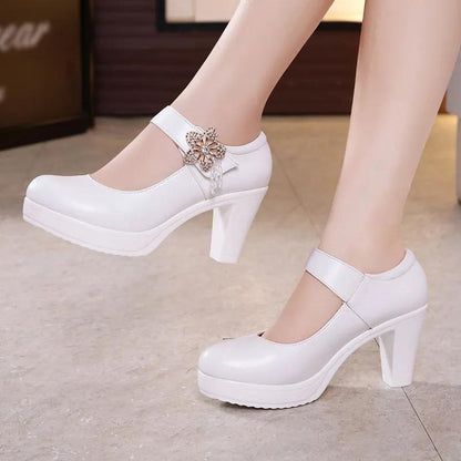 32-43 Women's Spring Summer Large Size High-heeled Shoes Ladies Solid Color Thick High Heels Platform Party PU Shoes