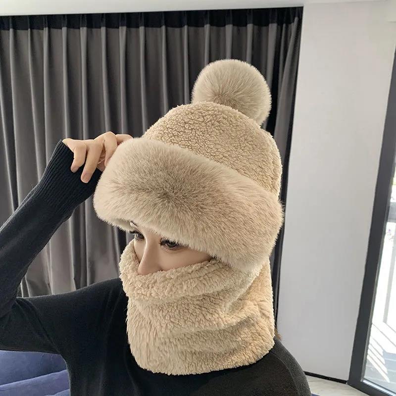 Women's Hat Autumn Winter Bib Mask Hat One Piece Ear Protection Windproof Hat Thick Warm Hat Fur Ball Cap Outdoor Riding Sports Facial Scarf Hats