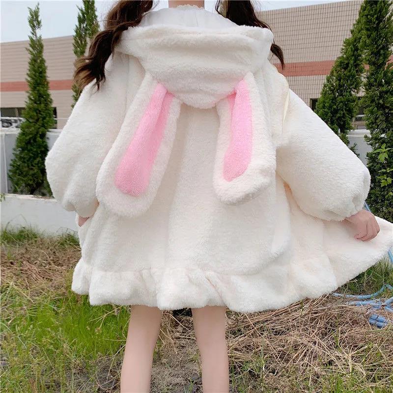 Rabbit Ears Hoodies Women Zip-up Sweatshirts Coat Long Lantern Sleeve Hooded Lolita Cute Sweet Girls Harajuku Warm Baggy for Her