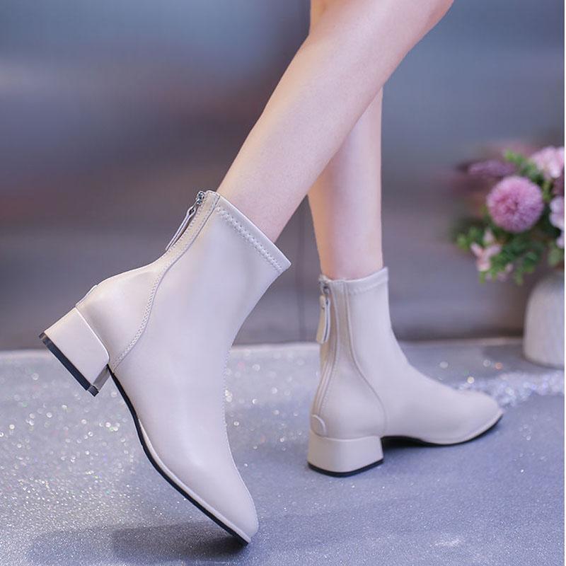 Thick Heel Martin Boots Spring and Autumn Single Boots Middle Heel Soft Leather Women's High Top Small Leather Shoes Short Boots