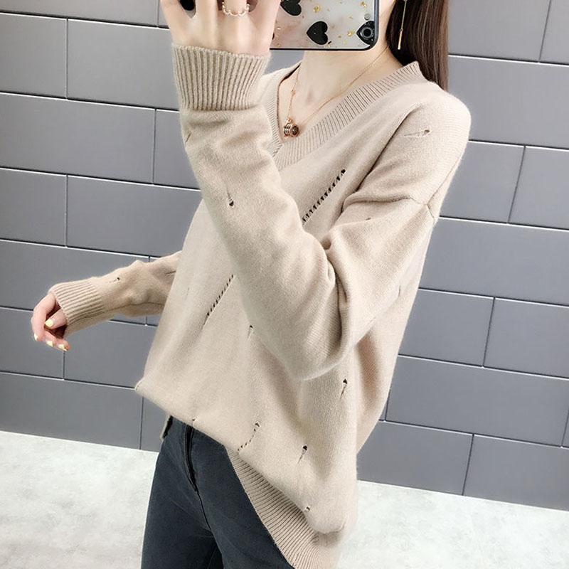 Spring and Autumn Loose V-neck Sweater Solid Color Hollow Top Long Sleeve All-match Female Top