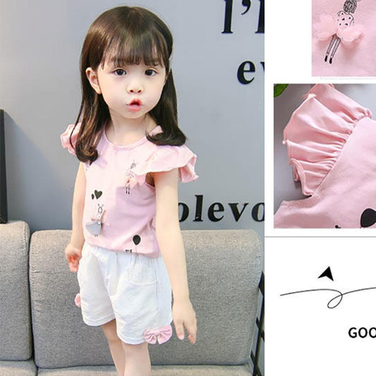 2PCS Children Clothing Set Spring Summer Girls Suits Printing Short Sleeve Tops + Pants Clothing Set