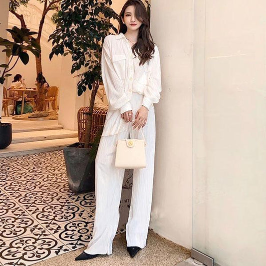 Women's Temperament Wide Leg Pants Set Vintage White Large Size Loose Casual Sunscreen Shirt Breathable Two-piece Set