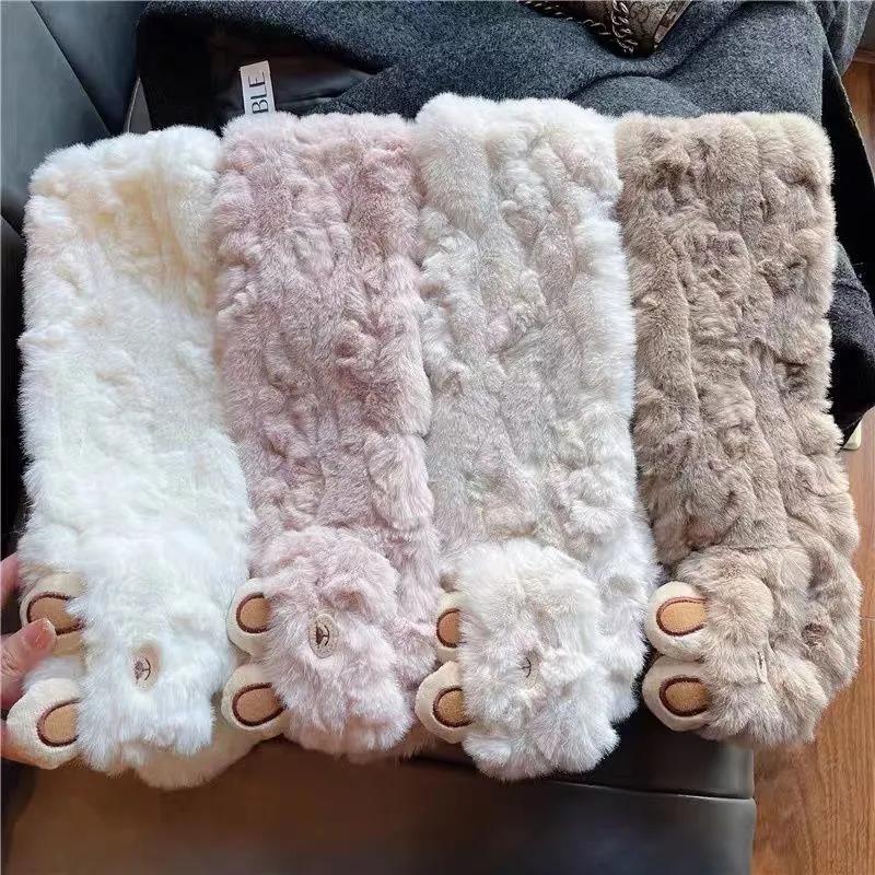 Winter Cartoon Plush Scarf Cute Bear Ears Imitation Rex Rabbit Fur Collar Thick Warm Scarf