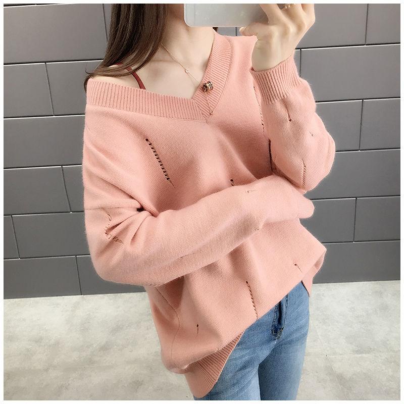 Spring and Autumn Loose V-neck Sweater Solid Color Hollow Top Long Sleeve All-match Female Top