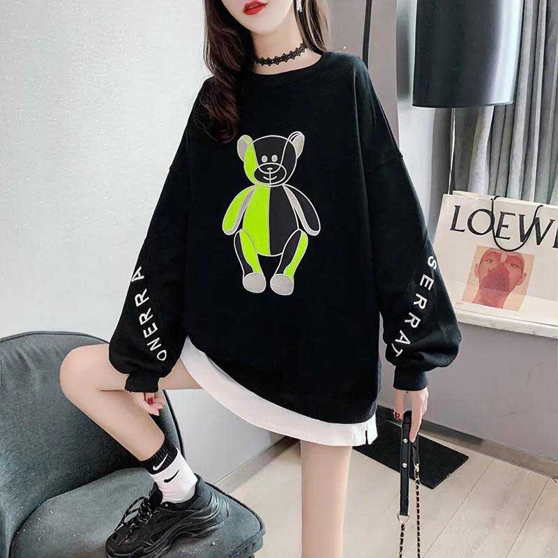 Sweatshirts Women's Houndstooth Embroidered Round Neck Thin Spring and Autumn Large Size Loose Top