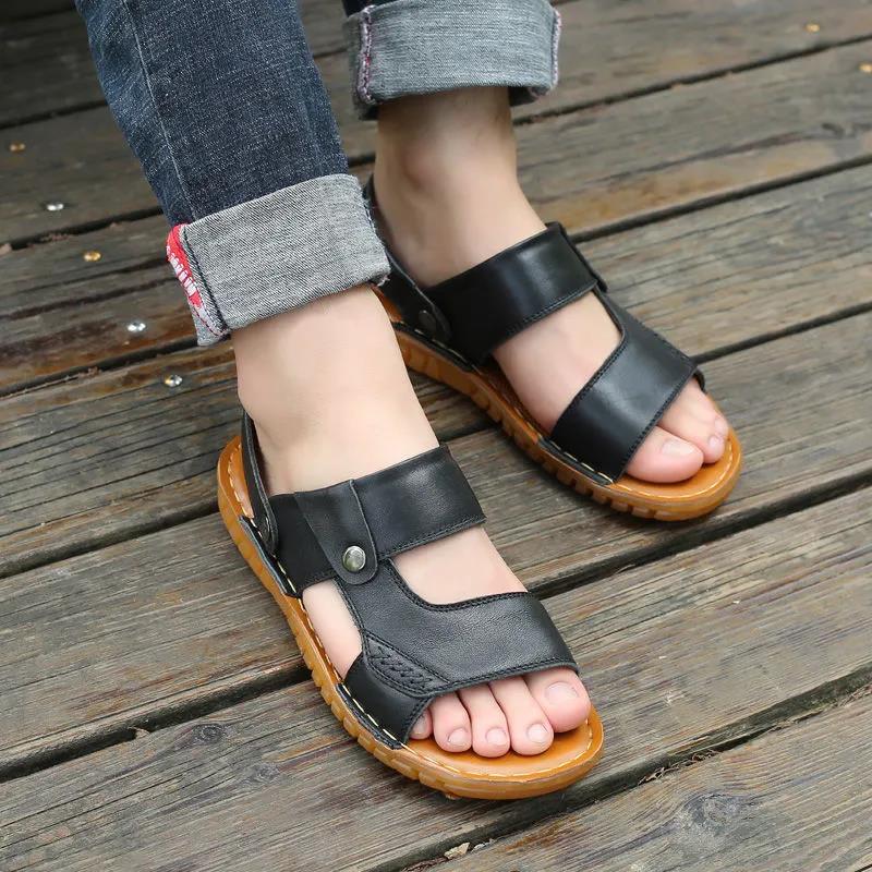 First Layer Cowhide Men's Sandals Tendon Sole Leather Beach Shoes Summer Leisure Sandals and Slippers Non-slip Soft Sole Sandals