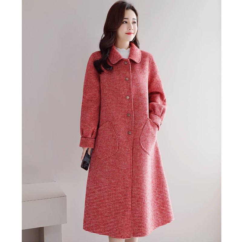 Woolen Coat Women Can't Afford To Ball Mid-length Autumn and Winter Houndstooth Loose Doll Collar Woolen Coat