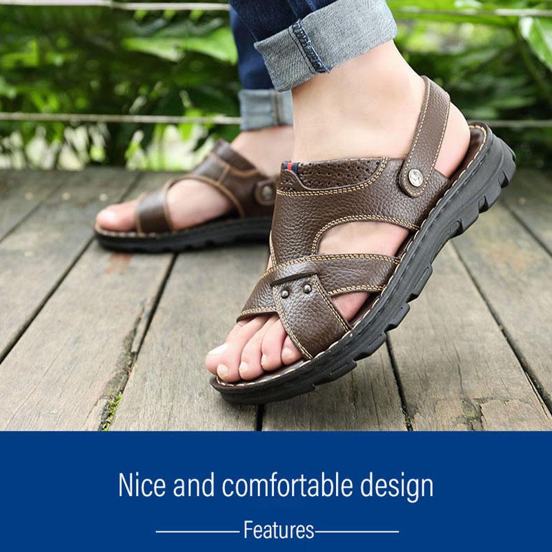 Summer Men's First Layer Soft Cowhide Sandals, Leather Beach Shoes, Casual Men's Shoes, Thick-soled Massage Slippers