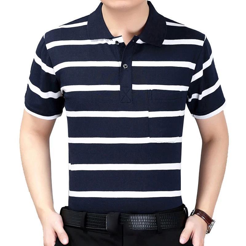 Summer Middle-aged Men's Short-sleeved T-shirt Lapel Dad Wear Summer Loose and Thin Half-sleeved Men's Striped    Shirt