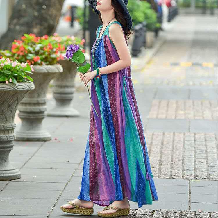 Female Cotton Large Swing Sleeveless Print Dress Elegant Round Neck Big Blue Rainbow Stripe Dress