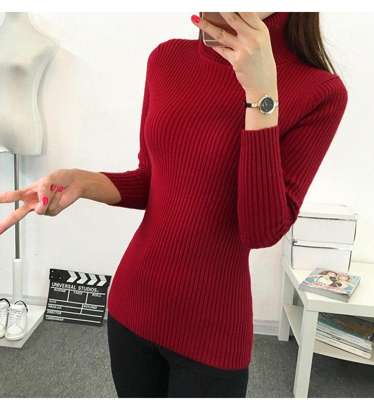 Winter Knitted Jumper Tops Turtleneck Pullovers Casual Sweaters Women Shirt Tight Red Wine Sweater