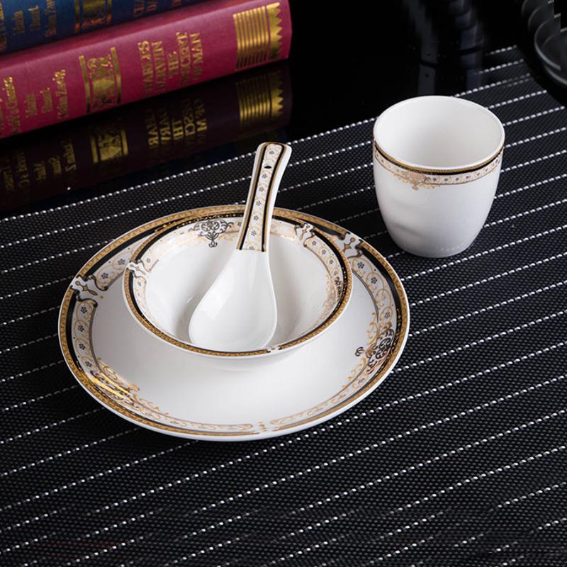 Chinese-style Hotel Tableware Four-piece Set of Bone Dish Fin Bowl Teacup Spoon Landscape Painting Ceramic Tableware