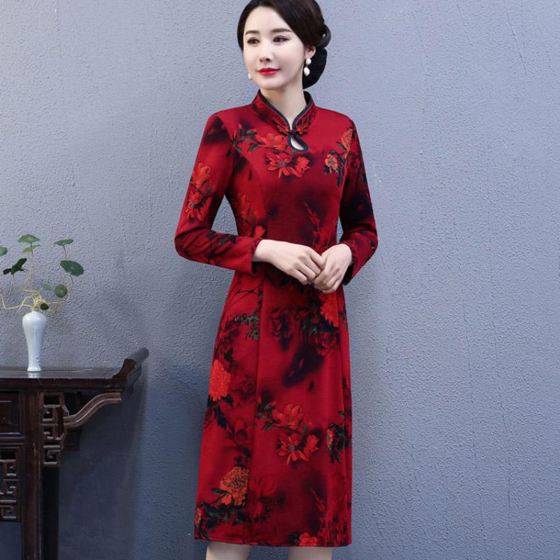 Women's Mid-skirt Chinese Style Long Cheongsam Dresses Retro Knee-length Skirt Summer Slimming Dress Dinner Dresses