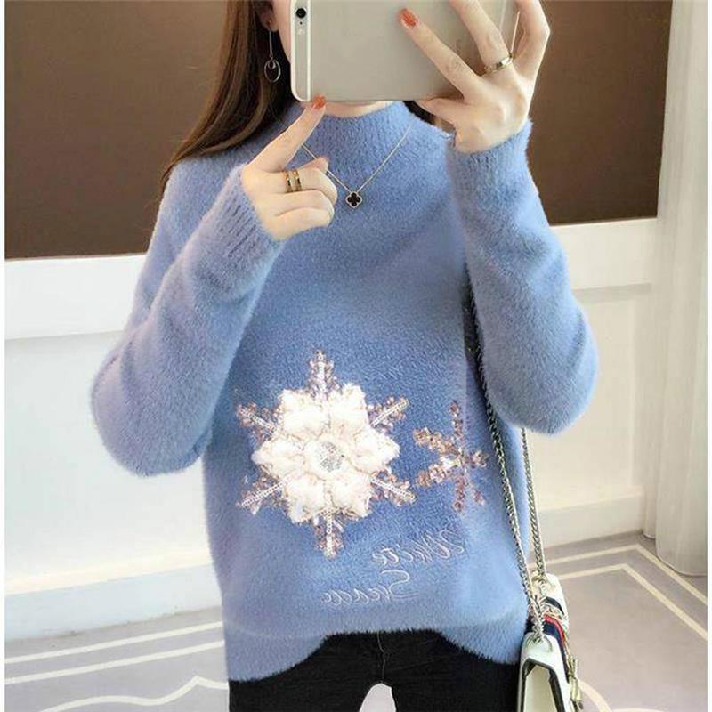 Long-sleeved Large Size Sweater Fashion Trend Round Neck Sweater Cashmere Warm Sweater Winter Ladies