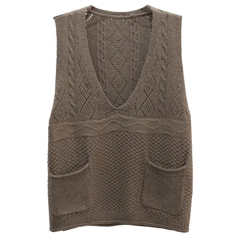 Spring and Autumn Woolen Vest Women's Outer Wear Loose V-neck Double-pocket Knitted Sweater Women's Waistcoat