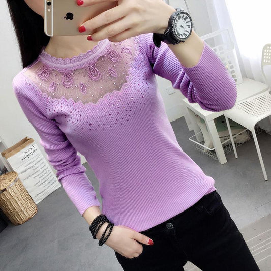 Pofulove Sexy Lace Openwork Bottom Shirt Long Sleeve Slim Round Neck Sweater Lady Sweater Pullover