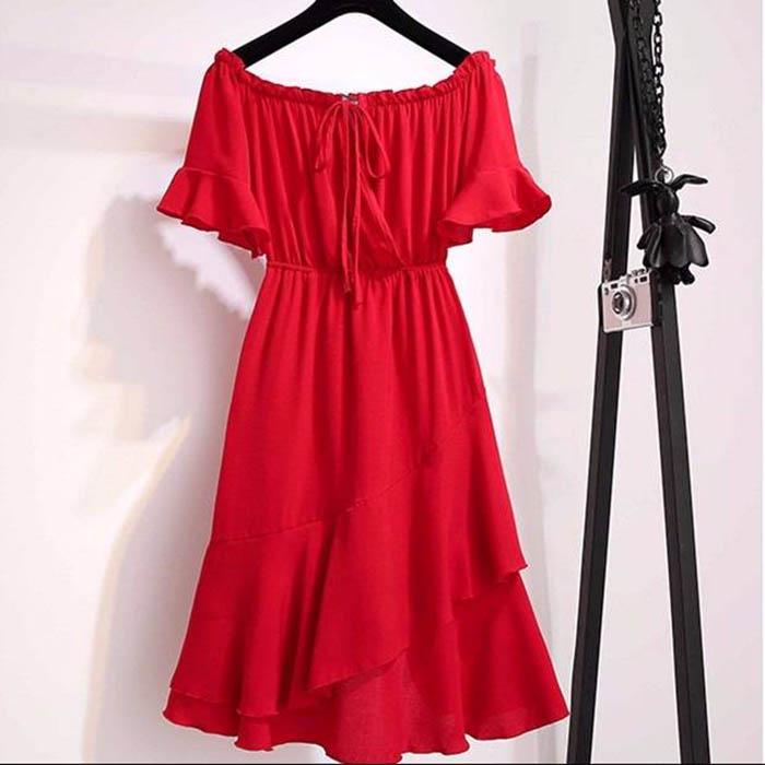 Pofulove M-4XL Women Off Shoulder Elastic Waist Red Dress Slim Sexy Short-sleeved Long A-line Dress