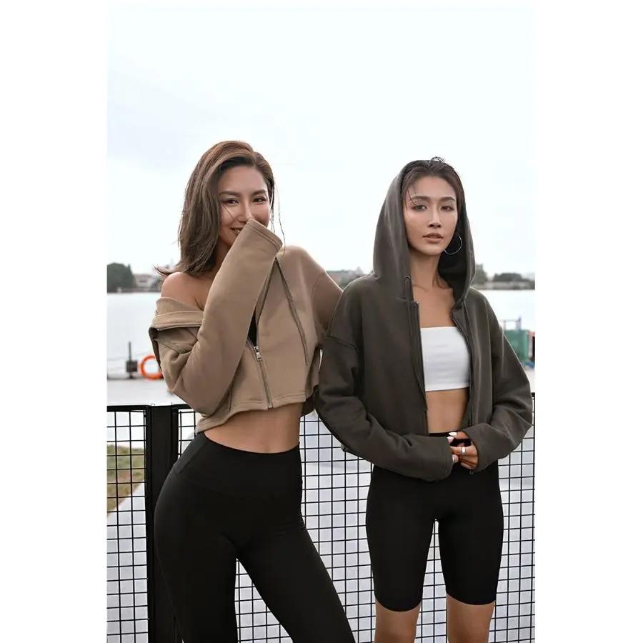 Short Navel Cardigan Zipper Hooded Sports Sweater Women's Long-sleeved Fitness Top Casual Jacket Solid Color Coat Ins Athletic Girl Clothing