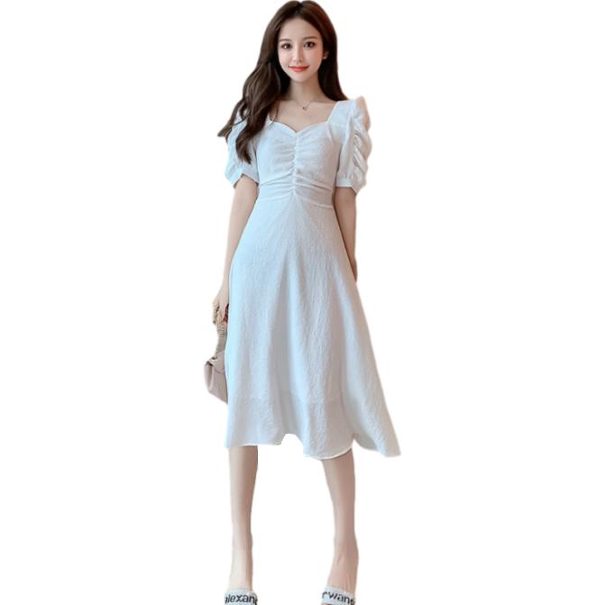 Female Simple Slim Puff Sleeve Dress Chiffon Shows Thin V-neck Soft Elegant Medium Length Party Dress