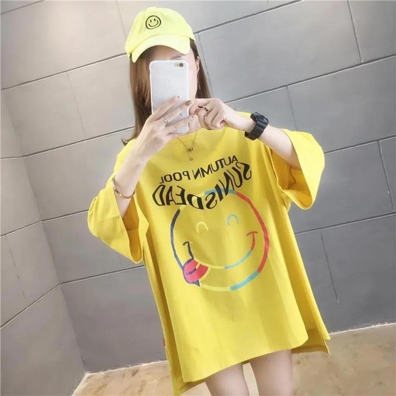 Cute Smiley Women Dress Girl Loose O-Neck Casual Long T-shirt Dress Big Loose Home Comfort Outer Convenient Nightdress Pajamas