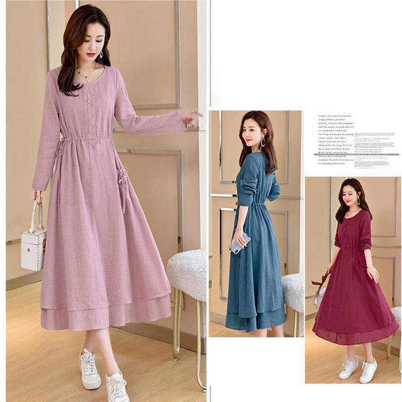 Women Autumn Winter Plus Size Dress Elegant Party Patchwor Dress Ruffle 3 Color Long Dresses