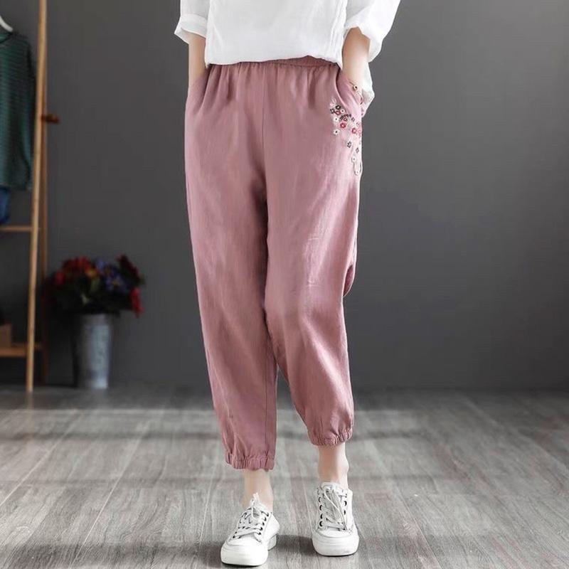 WTEMPO Cotton Retro Flower Embroidery Women Spring and Summer Loose Solid Color Casual Trousers