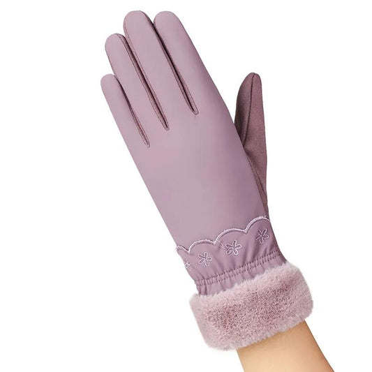 Women's Winter Down Cotton Gloves Cold-proof Plus Velvet Thickening Waterproof Touch Screen Mittens for Riding Driving Thermal Embroidered Gloves