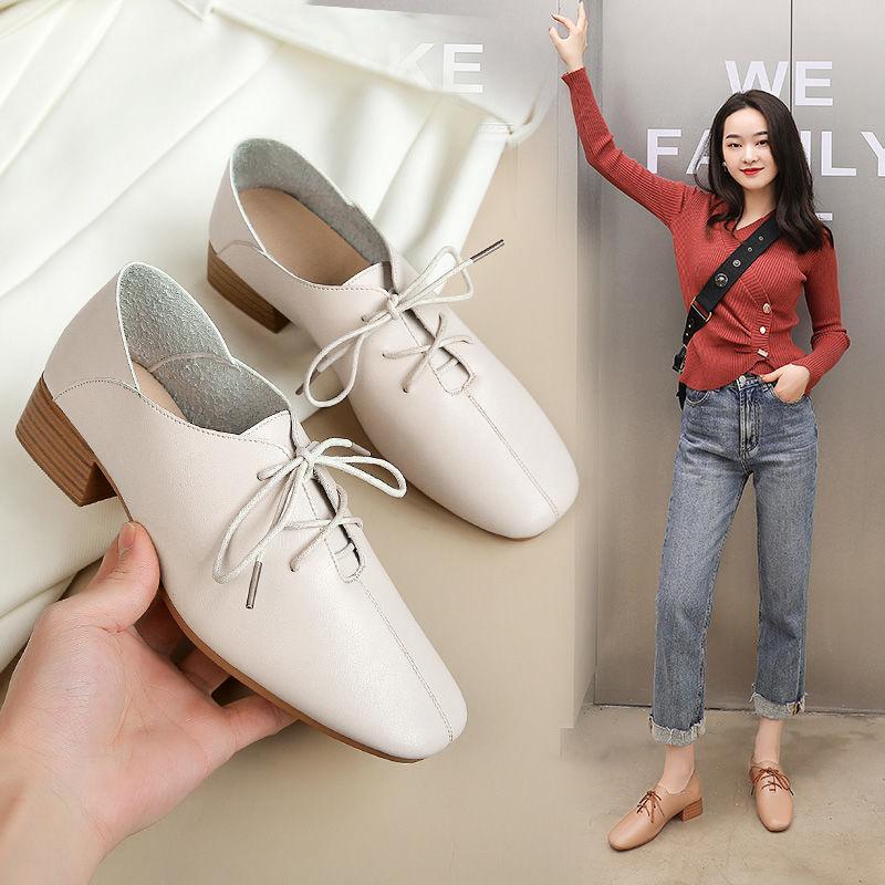 Soft Leather Single Shoes Women All-match Retro Mid-heel Shoes Thick Heel Soft Sole Pedal Casual Work Shoes Mid-heel Leather Shoes Women