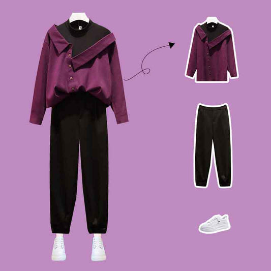 L-4XL Summer Women Pullover Long Sleeve Shirt+long Pants 2pcs Office Lady Stitching Shirt Black Casual Trousers Suits