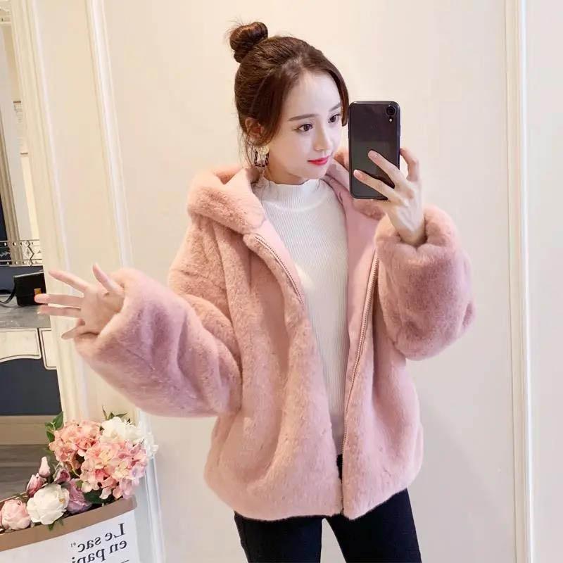 Fall/winter Imitation Mink Woolen Coat Loose Casual Hooded Thick